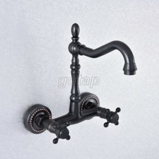 Oil Rubbed Bronze Bathroom Basin Sink Faucet Dual Handles Mixer Tap Wall Mount