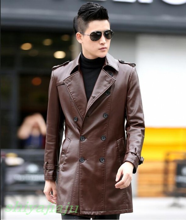 Nuevo Abrigo Parka Moda Juvenil Para Hombre Solapa Doble Pecho Cortavientos Cuero PU