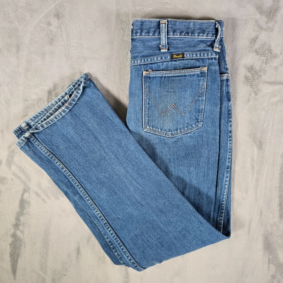 Pantalones de mezclilla hippies vintage años 70 para hombre Wrangler Talon cremallera signo de paz parche (32x30) Foto 3 de 4