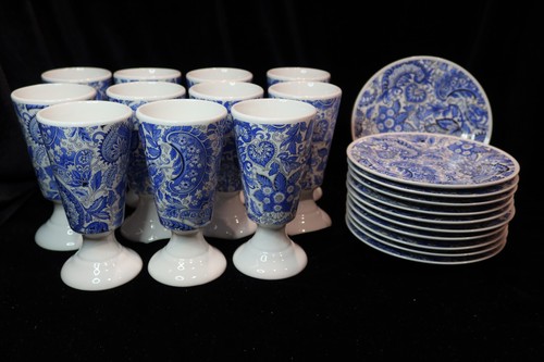 BM FRANCE BLUE CHINTZ 11 PORCELAIN WINE GOBLETS & DESSERT PLATES 22 PIECES