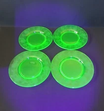 4 Vintage Uranium Glass Floral Grape Vine Bread Butter Dessert Plates 6" - As Is