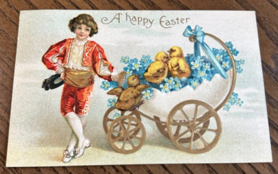 Postcard Easter Germany Chicks Egg Stroller Forget Me Nots Embossed Postcard