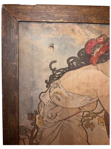 Antique Framed Lithograph On Canvas Alphonse Mucha Four Seasons Autumn 38 X 24” - Picture 4 of 6