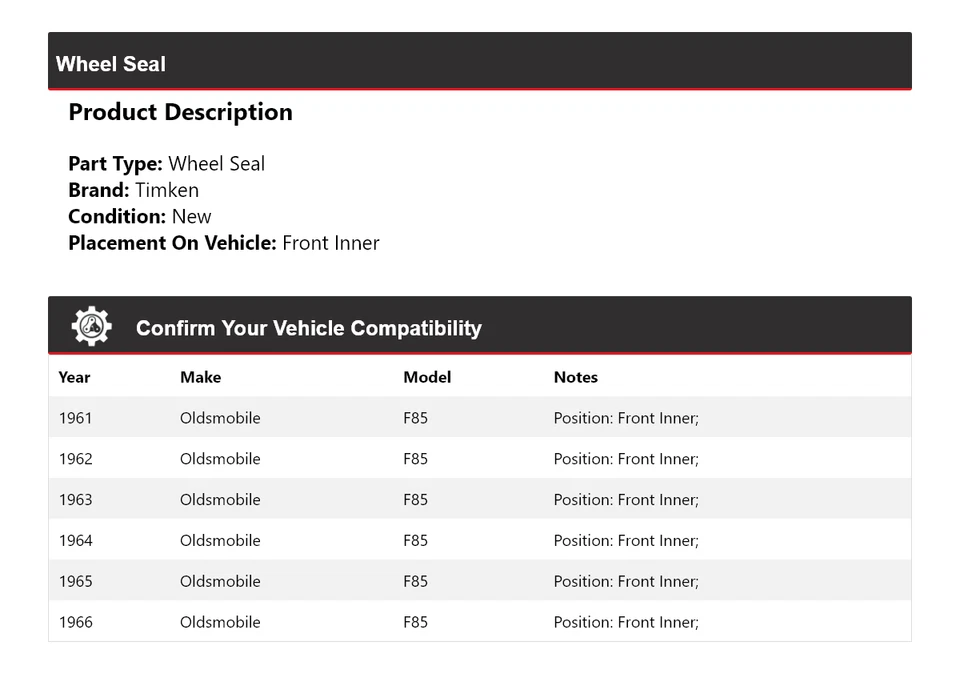 For 1961-1966 Oldsmobile F85 Wheel Seal Front Inner Timken 1962 1963 1964 1965 - Image 2 of 4