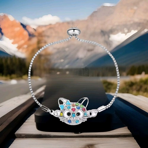 Coloured Rhinestone Cat Pendant Necklace & Bracelet Set. Silverplated. Boxed. - Picture 20 of 24