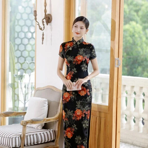 Mujeres Chino Tradicional Floral Satén Qipao Vestido Manga Corta Ajustado Cheongsam - Imagen 14 de 28