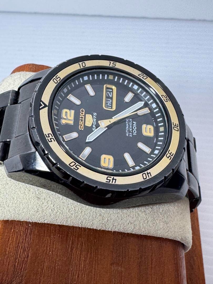 Seiko 5 Sports Black Gold Dial Automatic Watch Japan Made 37mm