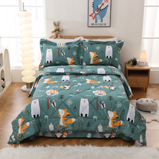 Green Forest Animals Kids Comforter Twin Size, 2 Pcs Woodland Printed Microfiber