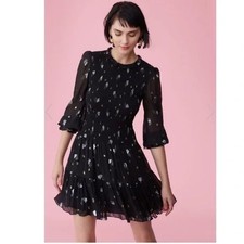 REBECCA TAYLOR smocked scattered tulip clip dress Black Metallic Small S