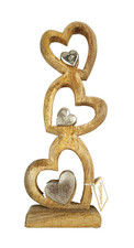NEW TRIPLE HEARTS SCULPTURE FIGURINE NATURAL WOOD,BRASS HAND MADE IN INDIA