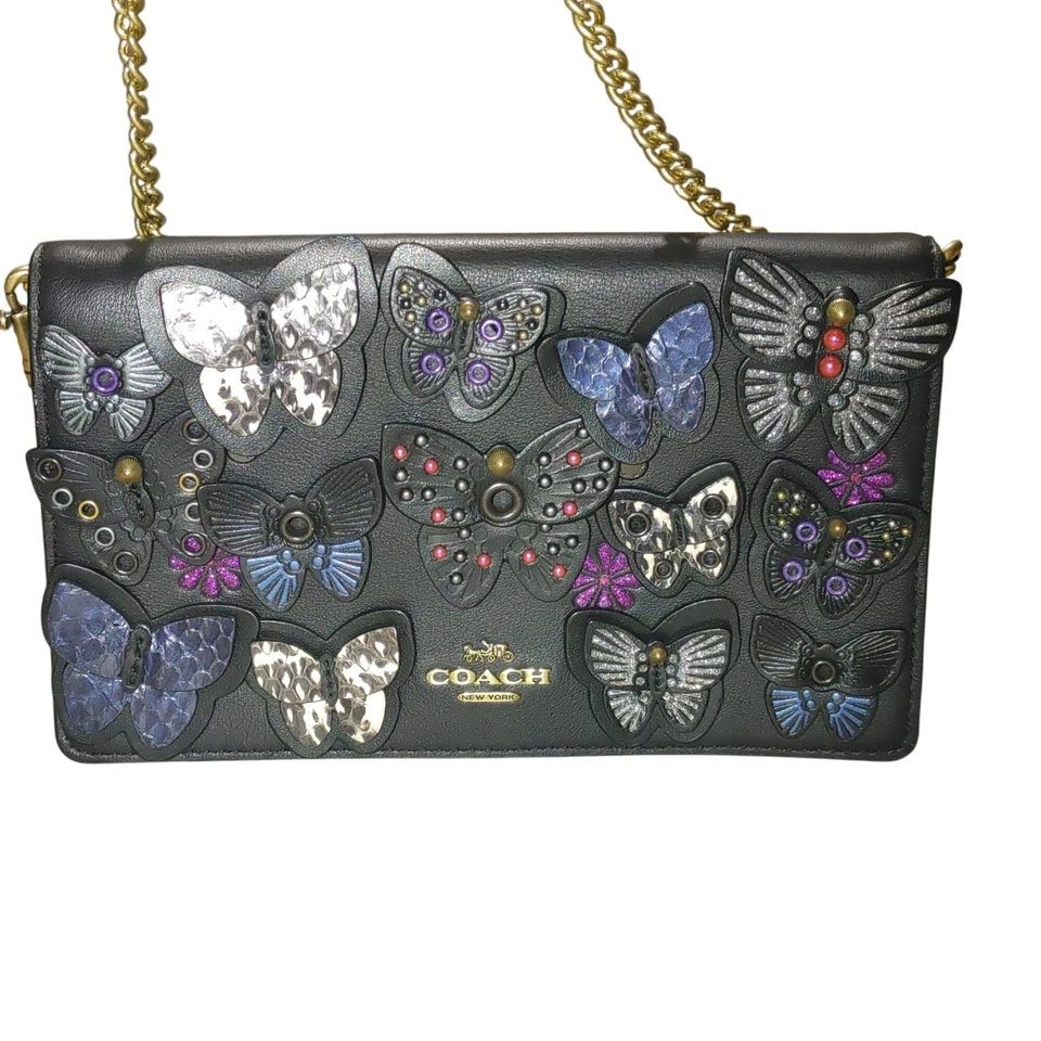 Coach New York Butterfly Appliqué Crossbody Bag Black Leather Gold Chain Strap - Image 3 of 4