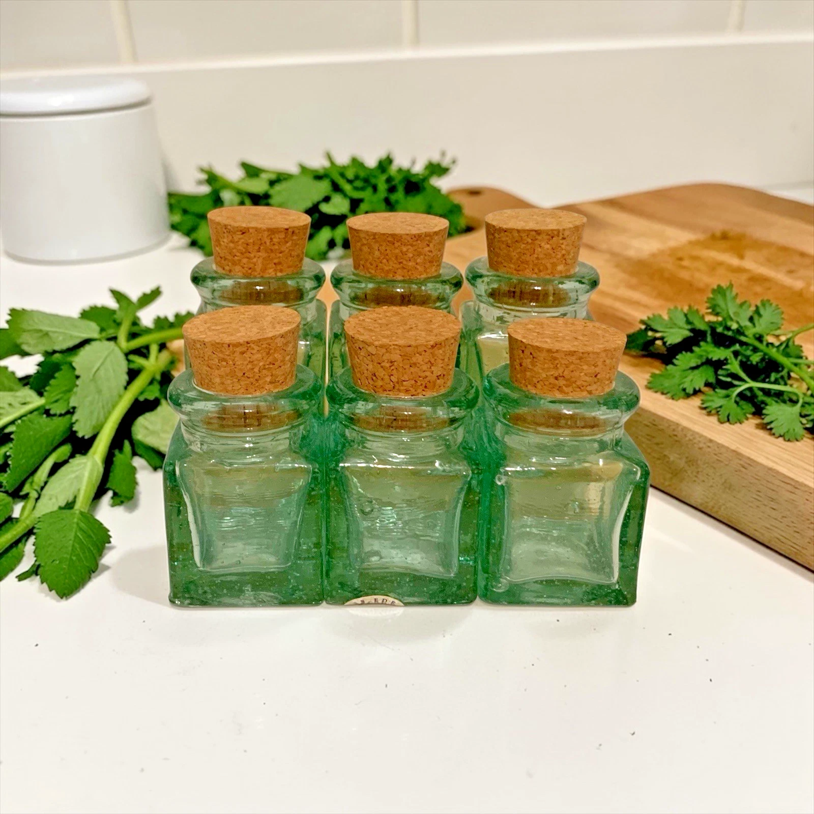 Green Tint Glass Apothecary Storage Jars With Cork Stoppers Set Of 6