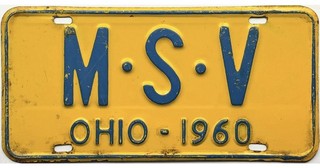 99 CENT SALE 1960 Ohio Vanity License Plate #M•S•V No Reserve