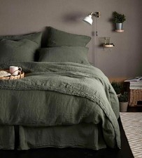 Linen Olive Green Duvet Cover Set Twin Queen Washed Bedding with 2 Pillow Covers