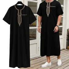 Moroccan Men Embroidery Caftan Thobe Abaya Muslim Clothing Black Size M--3.4