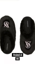 Victoria's Secret Faux Fur Slip-On Black Slippers Logo Accent Women's Size 5-6