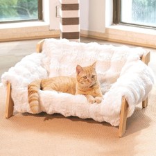 Elevated Cat Couch Bed Indoor Cats Wooden Cat Sofa W/ Removable Washable Fluffy