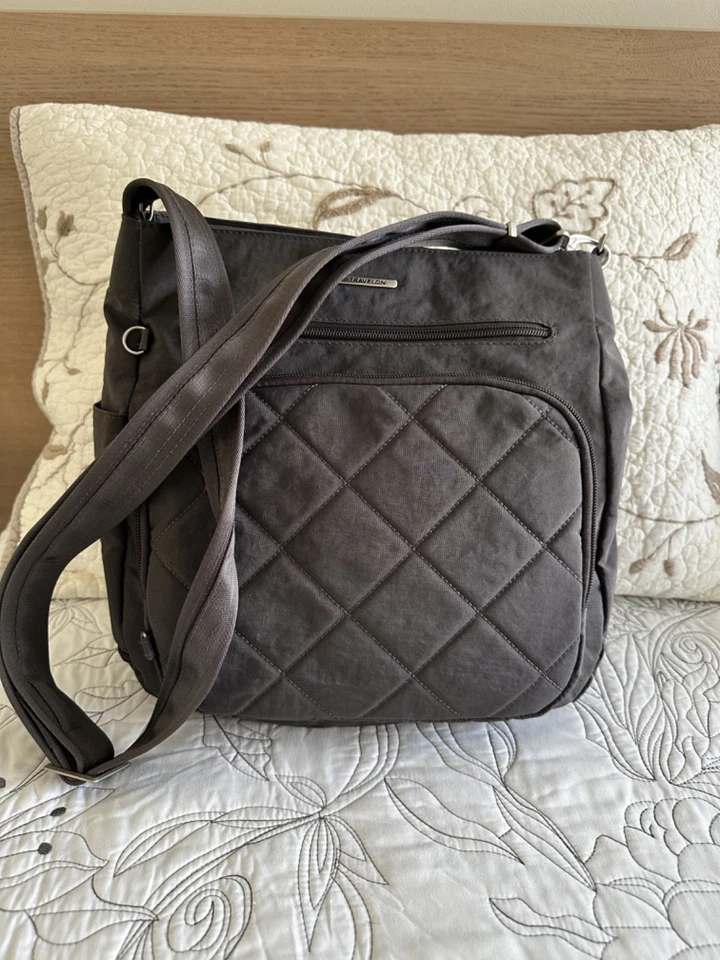 Travelon Grey Crossbody Bag Nylon Quilted Adjustable Strap Antitheft Purse - Image 2 of 4