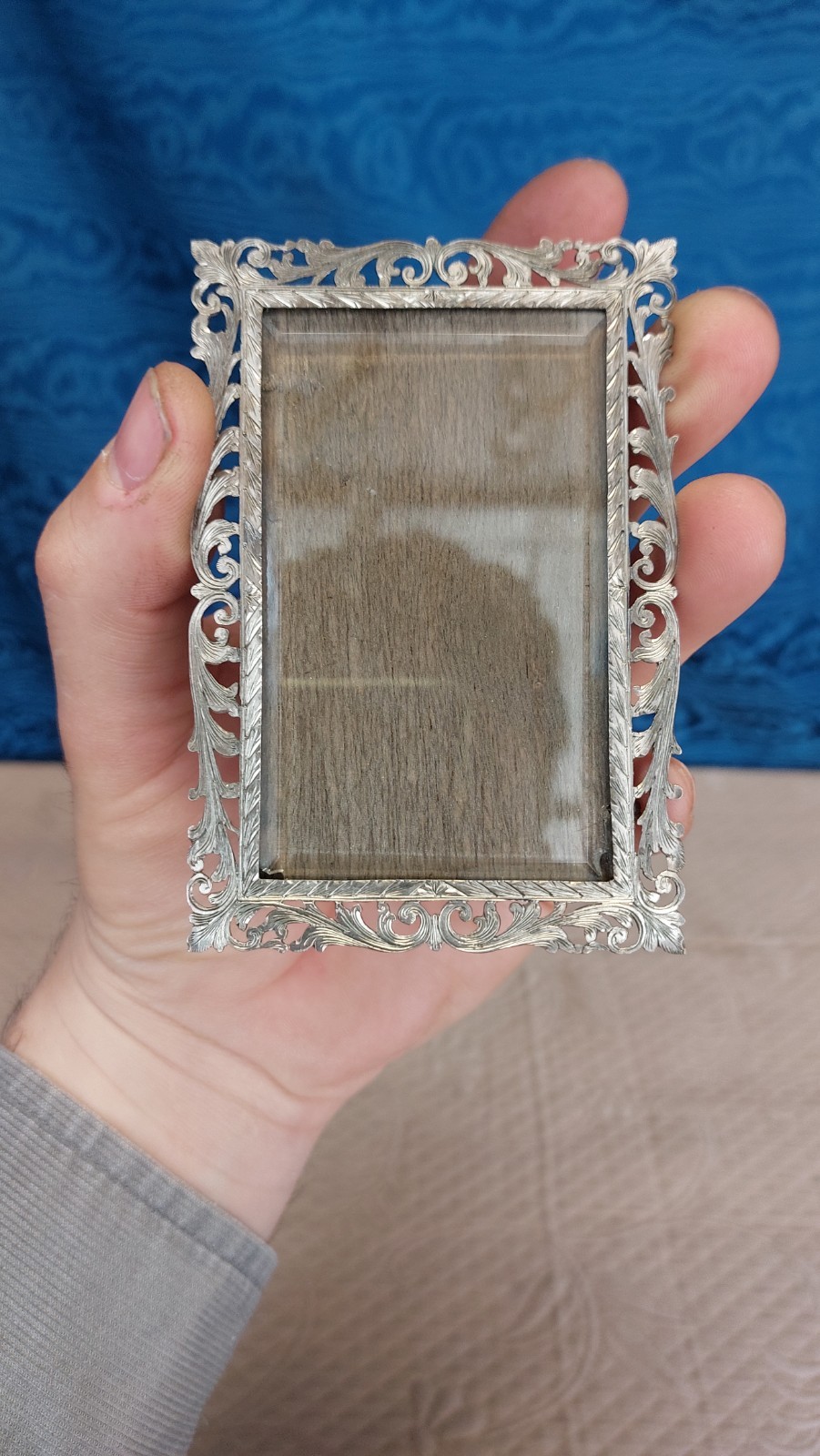 Antique Perforated and Engraved Silver Photo Frame With Ground Glass 