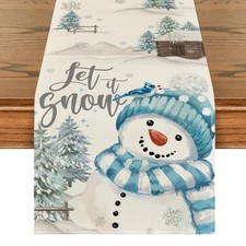 Christmas Decoration Trees Let It Snow Blue Snowman Snowflake Table Runner 13x72