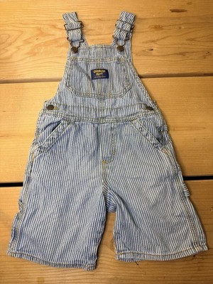 OshKosh B gosh Railroad Stripe Shortalls Overalls Blue White 3T Toddler Worn