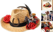 Derby Horse Day Party Hat for Men Straw Cowboy Hat with Horseshoe Horses