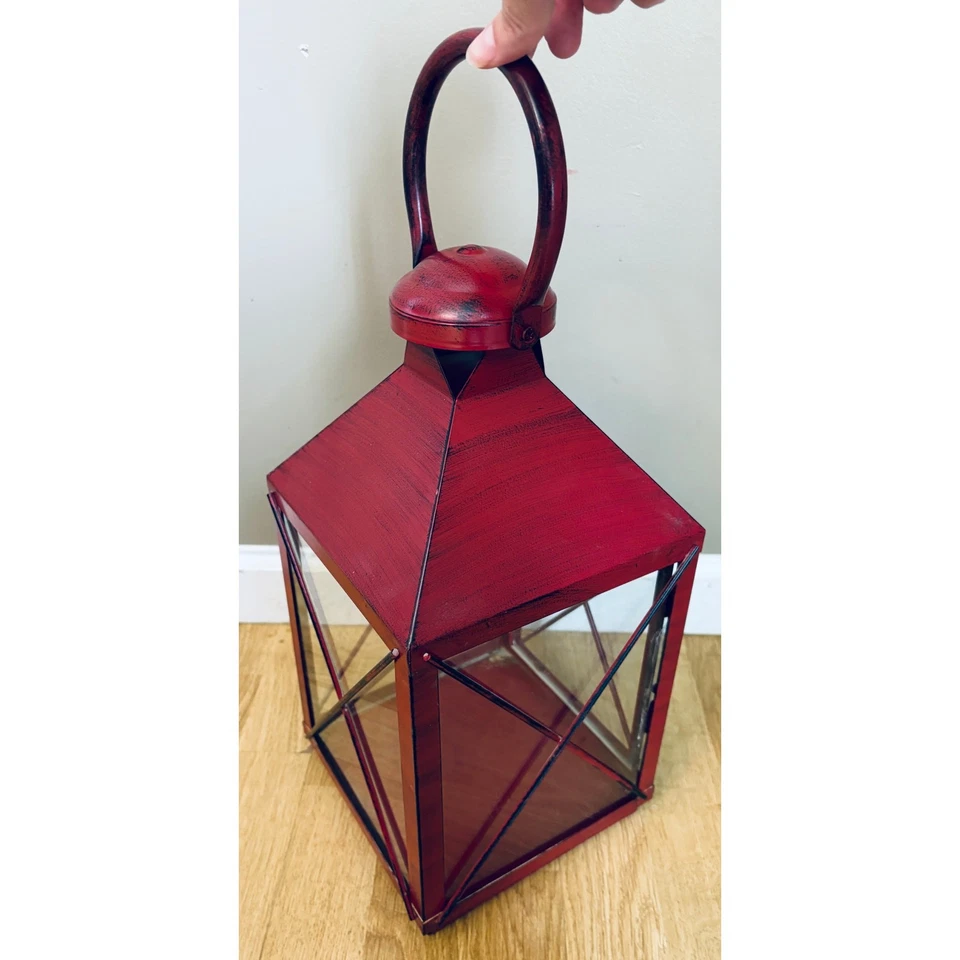 Pier One Imports Bennett Red Handpainted Metal/Glass Lantern - Image 2 of 4