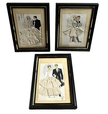 Vintage Bride Groom Wedding 3D Greeting Card Antique Ephemera Framed Art Set 3