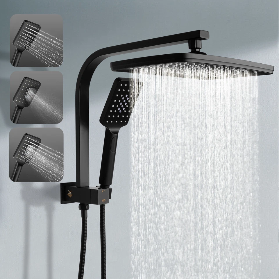 ACA  Dual Shower Head Set 12'' Rectangle Black Rain Shower Head 3-MODE Handheld