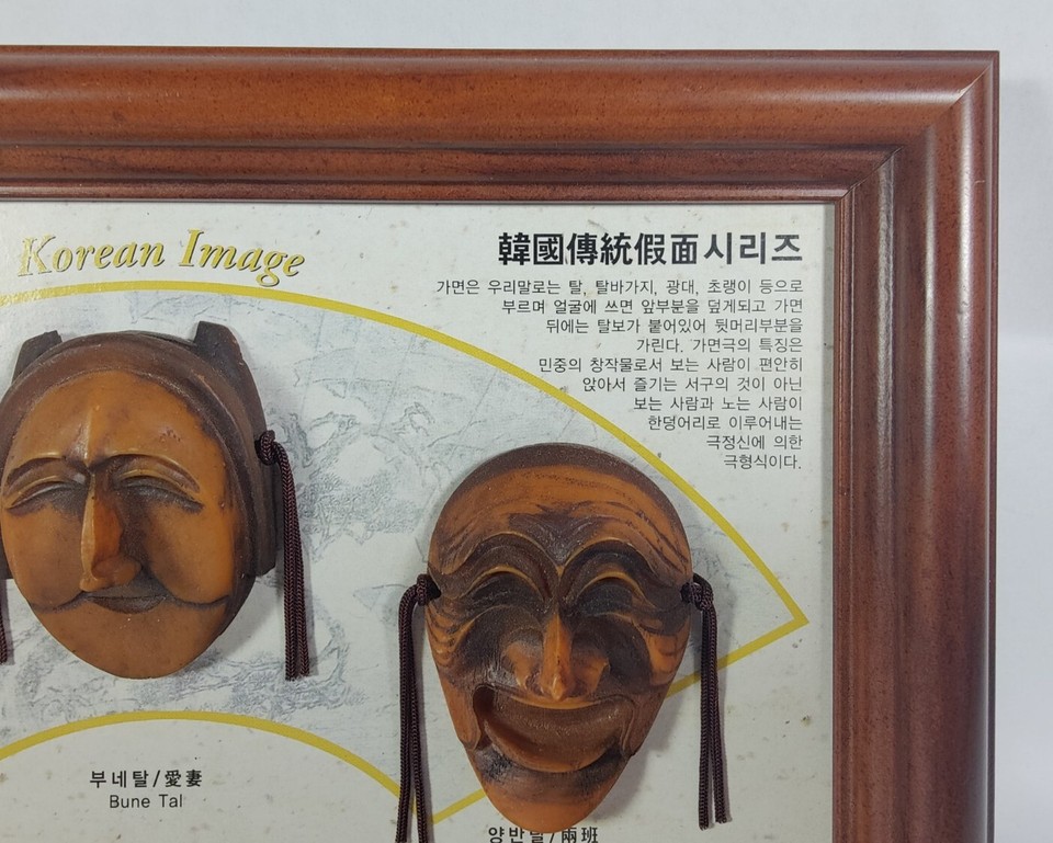 Korean Traditional Masks Framed in Shadow Box Wall Art Decor Used See