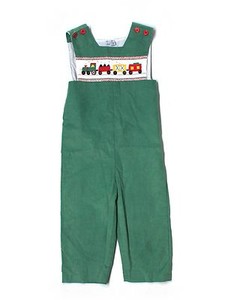 Boy-Green-Corduroy-Orient-Expressed-Smocked-Holiday-Train-Longall-Romper-Size-4