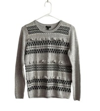 Talbots Sweater Women Sz Sp Gray Black Fair Isle Ruffle Lambswool Pretty Career