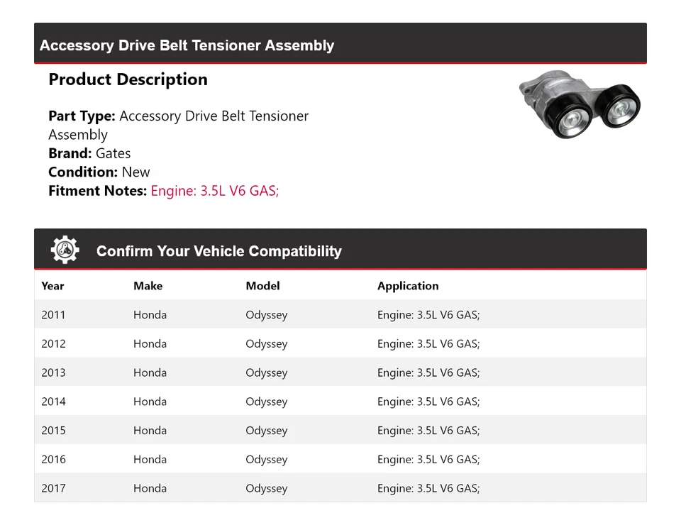 For 2011-2017 Honda Odyssey 3.5L V6 GAS Drive Belt Tensioner Assembly Gates 2012 - Image 2 of 4