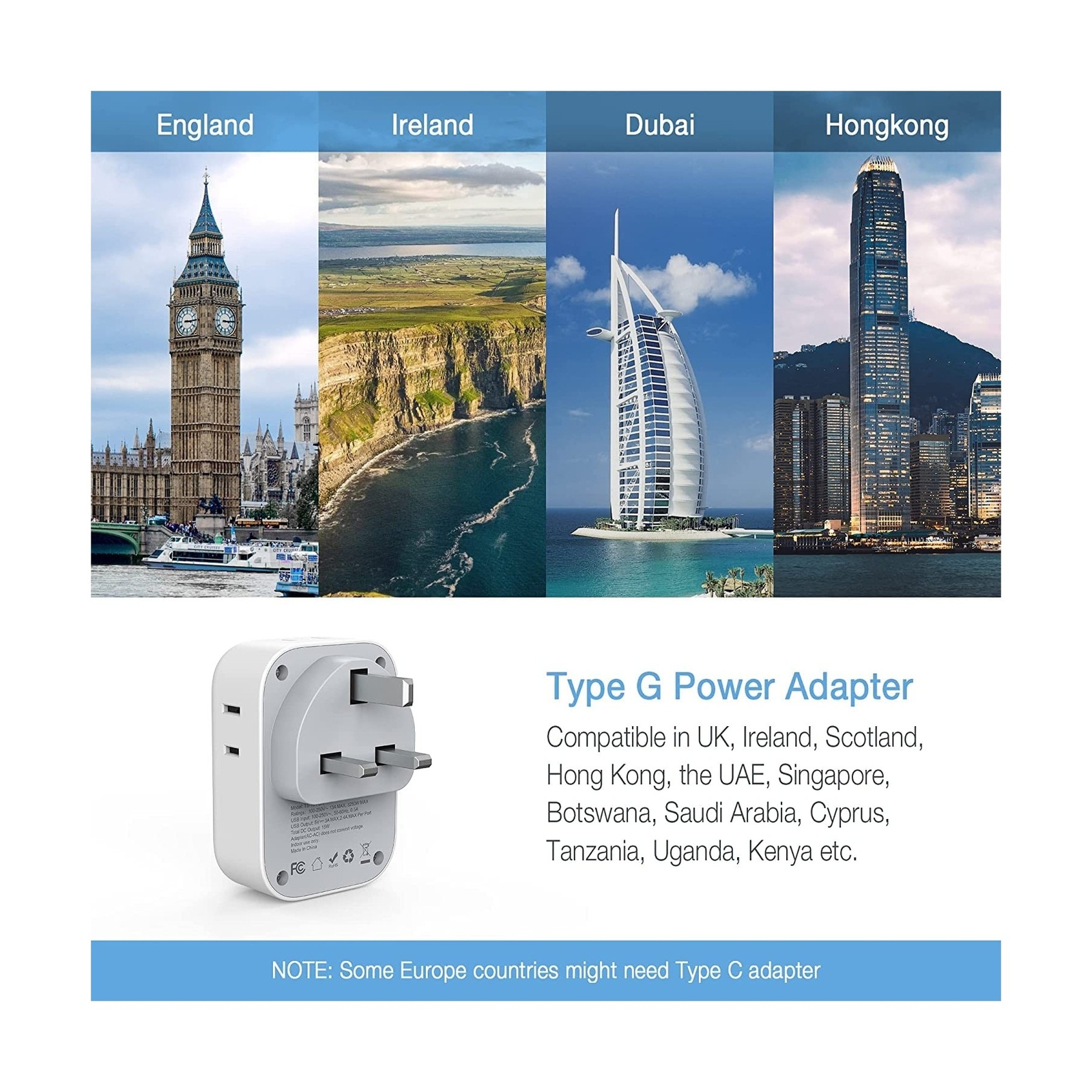US to UK Plug Adapter, TESSAN Type G Travel Converter with 3 USB Charger(1 US...