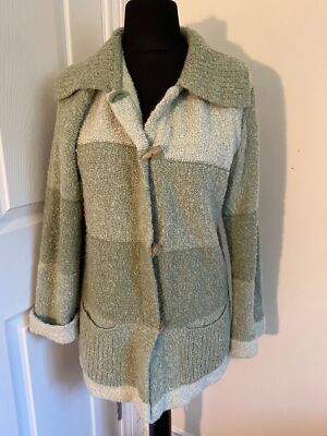 Vintage M&S St Michael Toggle Cardigan Green Stripe Boucle Knit UK 14 90s