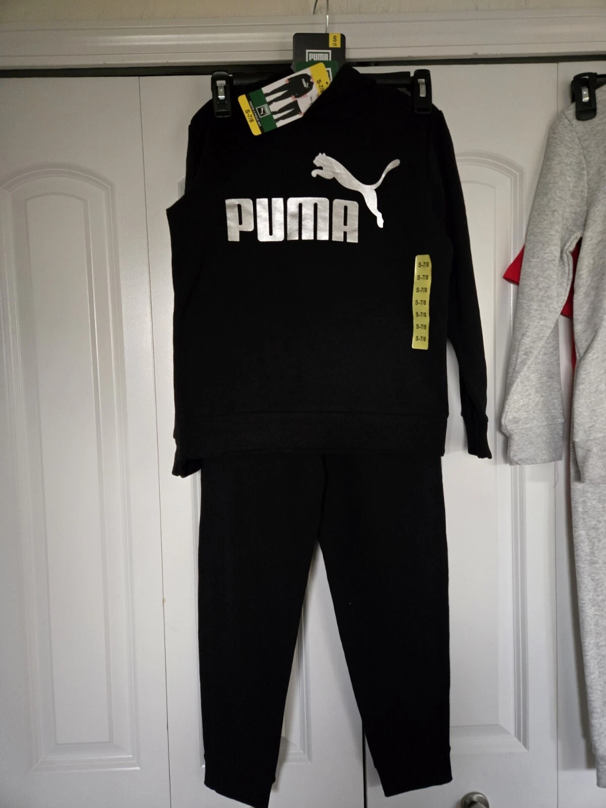 OFF WHITE Set 3 pezzi PUMA ragazzo: felpa con cappuccio camicia e pantaloni taglie S M L NUOVO