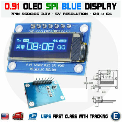 7PIN SPI 0.91'' Inch Blue 128x32 OLED LCD Display Screen SSD1306 For Arduino R3
