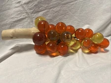 Mid Century Lucite Grapes Bunch On Driftwood 16” 30 Orange And Yellow Grapes