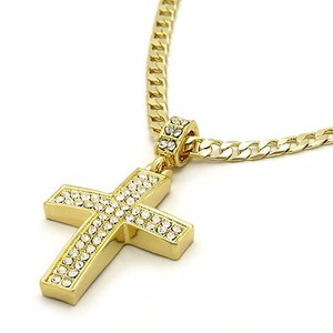 Authentic Mens 14k Gold Plated Fully Cubic-Zirconia Cross Pendant 24" Cuban Chain 04