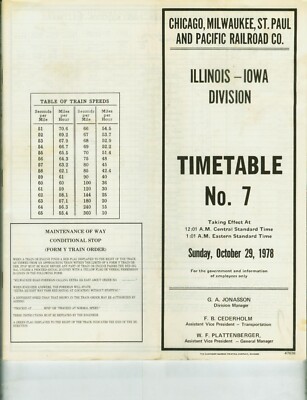 MILWAUKEE ROAD CMStP&P  R.R.  ETT TIMETABLE ILLINOIS-IOWA DIV. #7  10-29-1978.