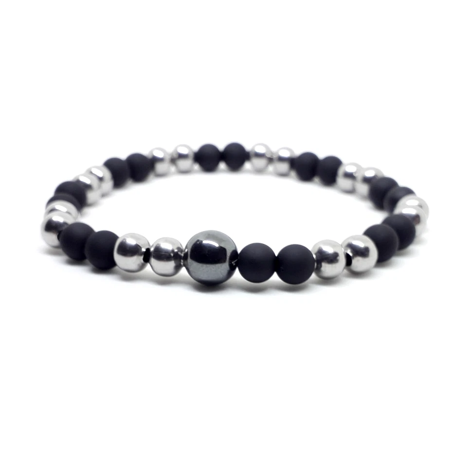 Bracciale Perle NERO opaco e Argento in ACCIAIO INOX da Uomo Donna braccialetto - Immagine 4 di 4