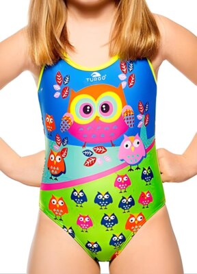 TURBO Girl's Multicoloured Owls Cross Back One Piece Swimsuit #8991514 2/4A  NWT