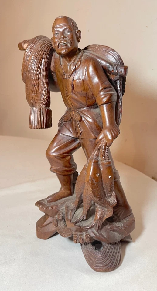 antique Chinese hand carved hard wood fisherman sculpture statue figure glass - Image 3 of 4