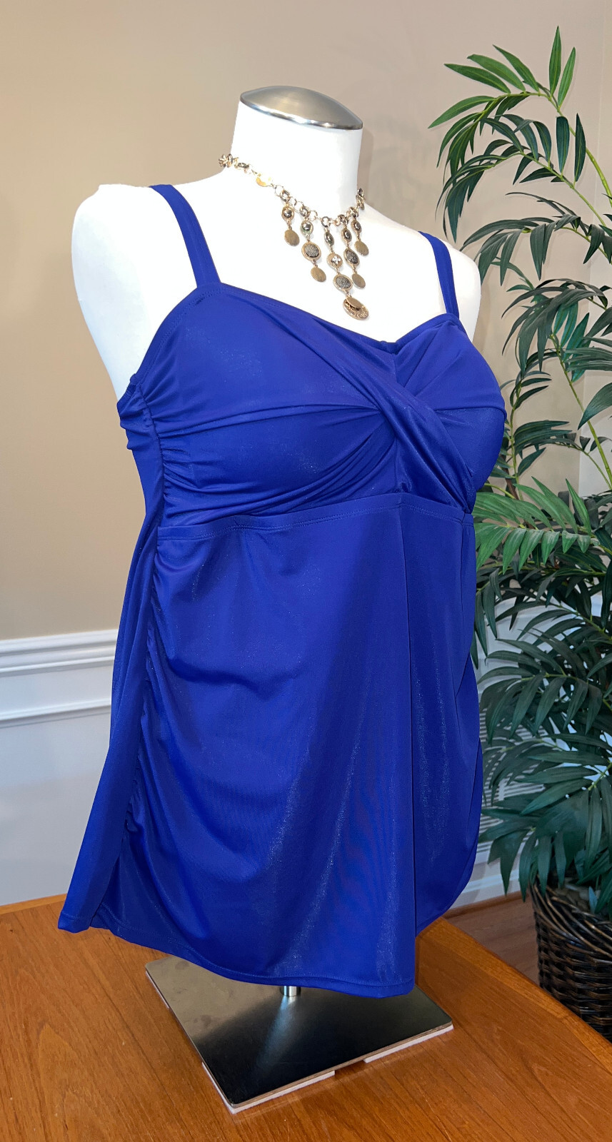 NWOT! Jantzen OverBust Wrap Tummy Control Women's Swim Dress Blue Sz