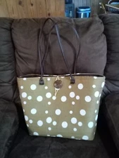 Sun N Sand Beach Bag Tan With White Dots Large Hand Bag Pockets Inside 