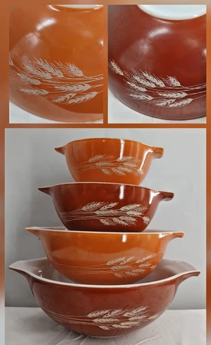 Vtg Autumn Harvest Wheat Pyrex Nesting Mixing Bowls 4 pc Orange Rust