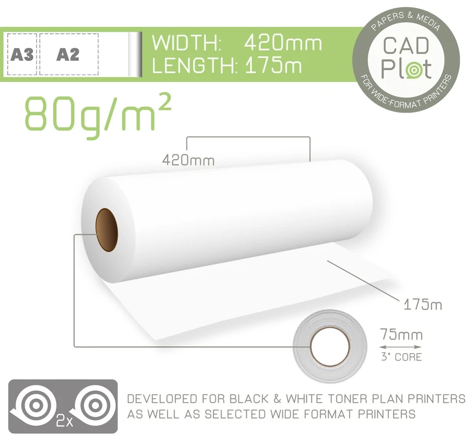 CAD Plot PPC Plan Copier Paper 80g/m² A2 420mm x 175m roll (3" core) (BOX 2) - Image 2 of 2