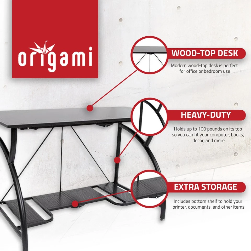 Origami Multi Purpose Folding Wooden Office Computer Furniture Table Desk, Black - Image 3 of 4