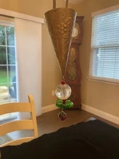 Brass hanging cone shaped basket 5"+ handle. 3 or 4 fancy Glass beads dangle A++