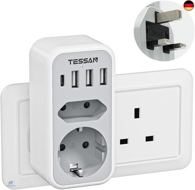 TESSAN UK Adapter England Deutschland Stecker, Reiseadapter für England mit 3